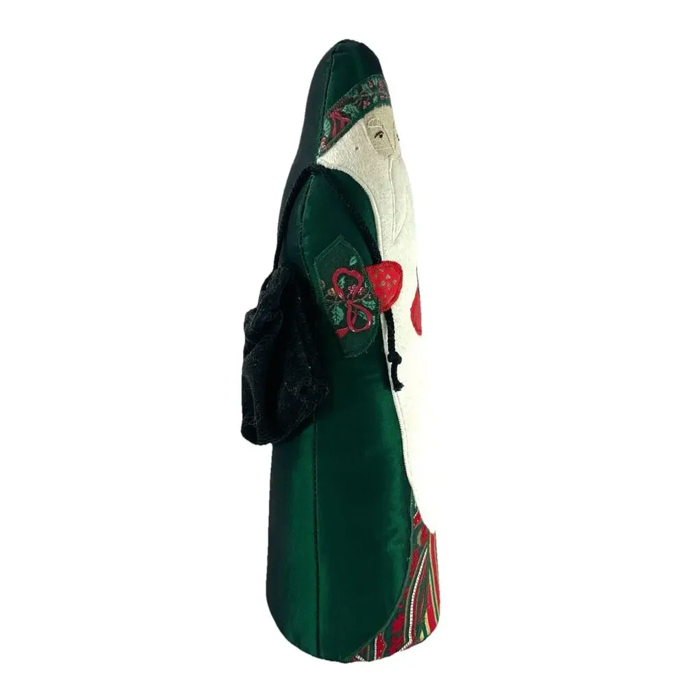 Vintage Folk Art Fabric Santa Claus Figure Green Satin Robe Christmas 13”